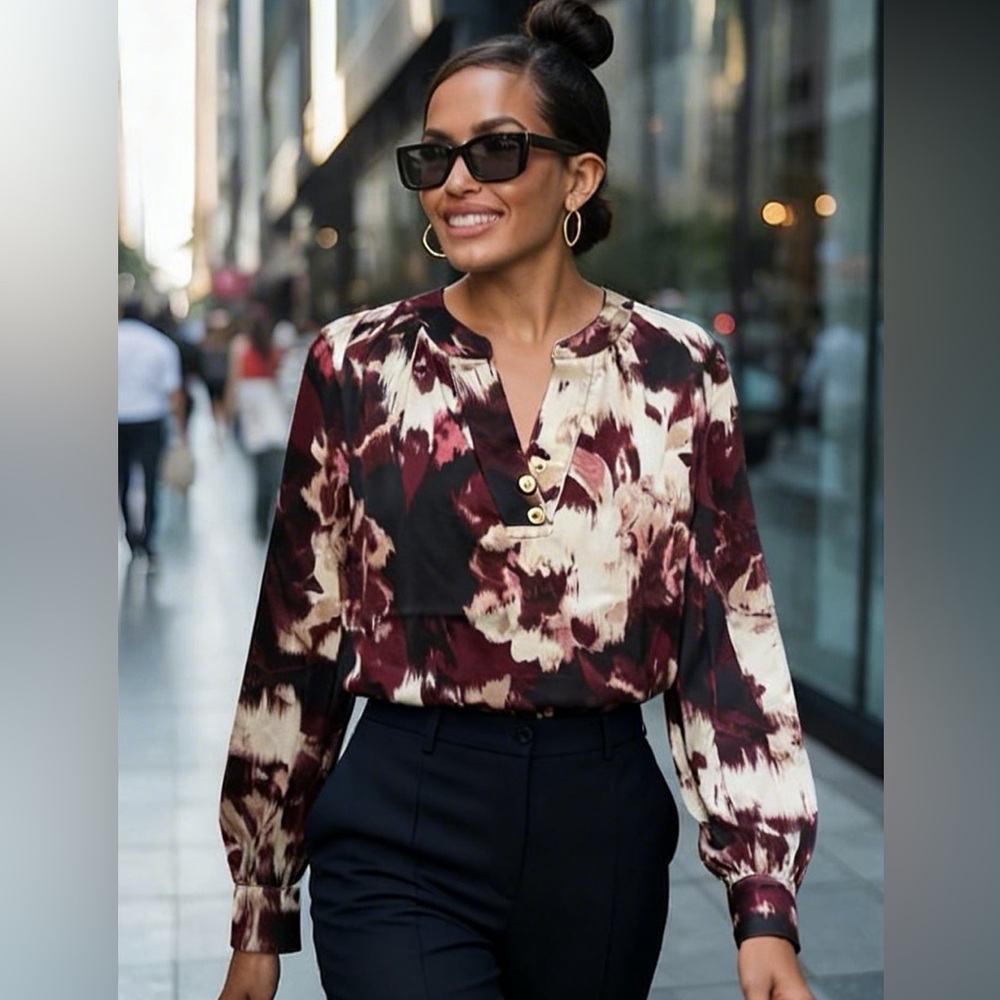 Rafaella Burgundy and Cream Patterned Long sleeve Blouse - Picture 11 of 11